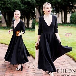 BHLDN NEW Anthropologie Valdis Black Deep V Crepe 3/4 Sleeves Tea Length Dress 4
